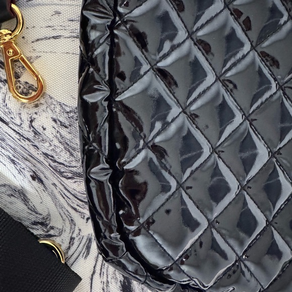 MZ Wallace Black Laquer Quilted Crosby Crossbody Sling  Bag Gold Accent - Picture 9 of 12
